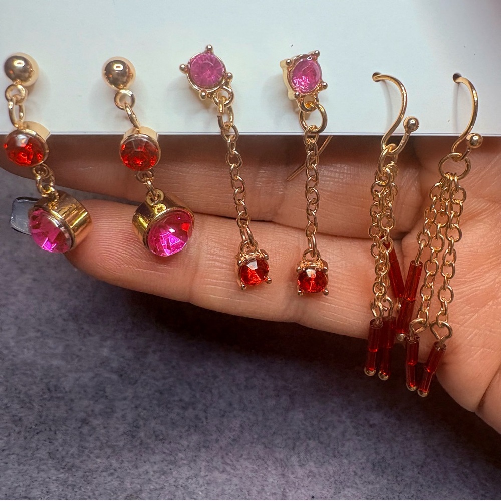 NWT Laundry by Shelli Segal Set of 3 Pierced Dangle Earrings Pink Red Gold